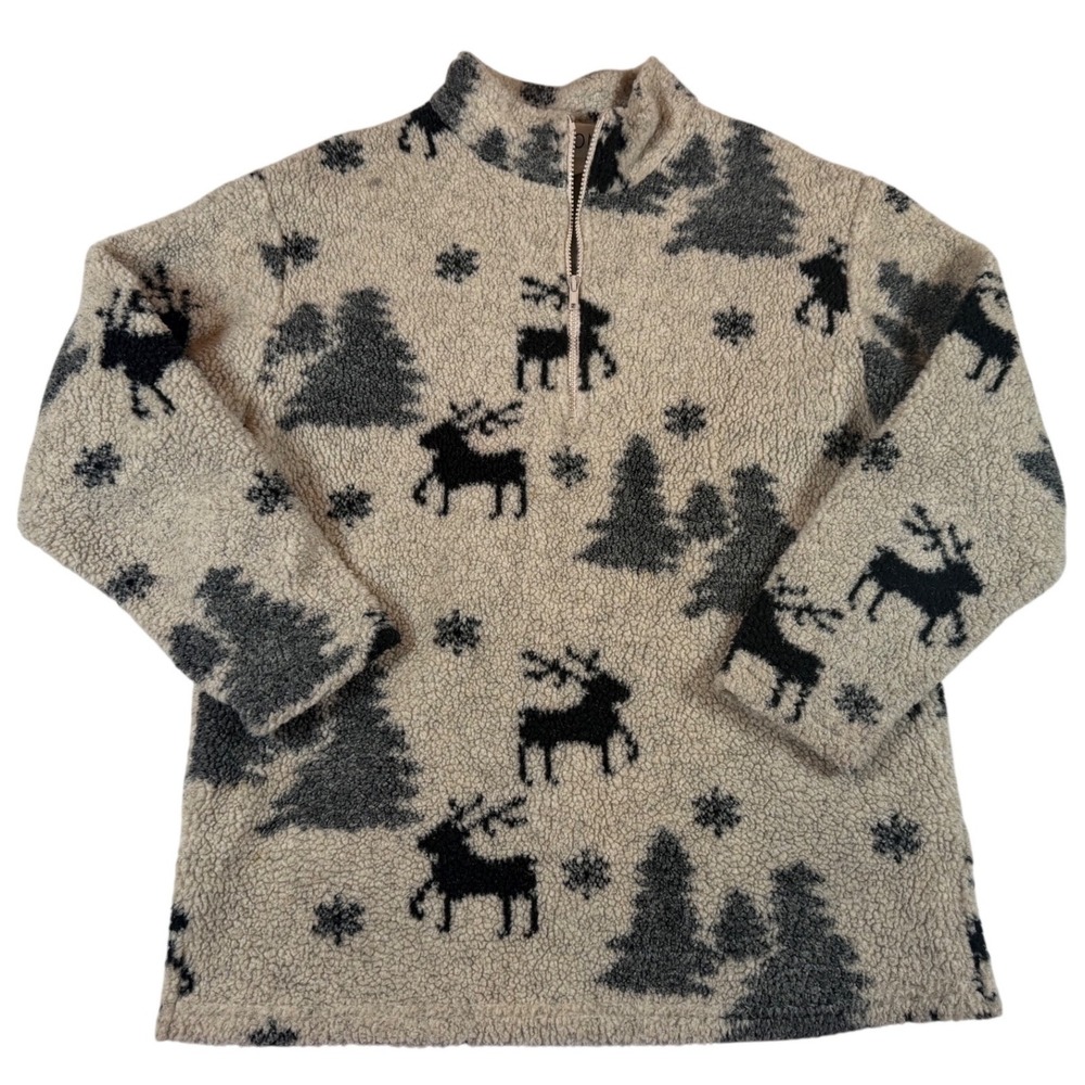 Lavon Sherpa Fleece Pullover Sweater Women Lg Vtg Reindeer Fair Isle Winter Ski